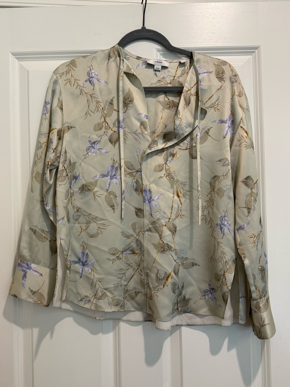 Vince Floral Satin Button-Up Blouse in Sage and Lavender